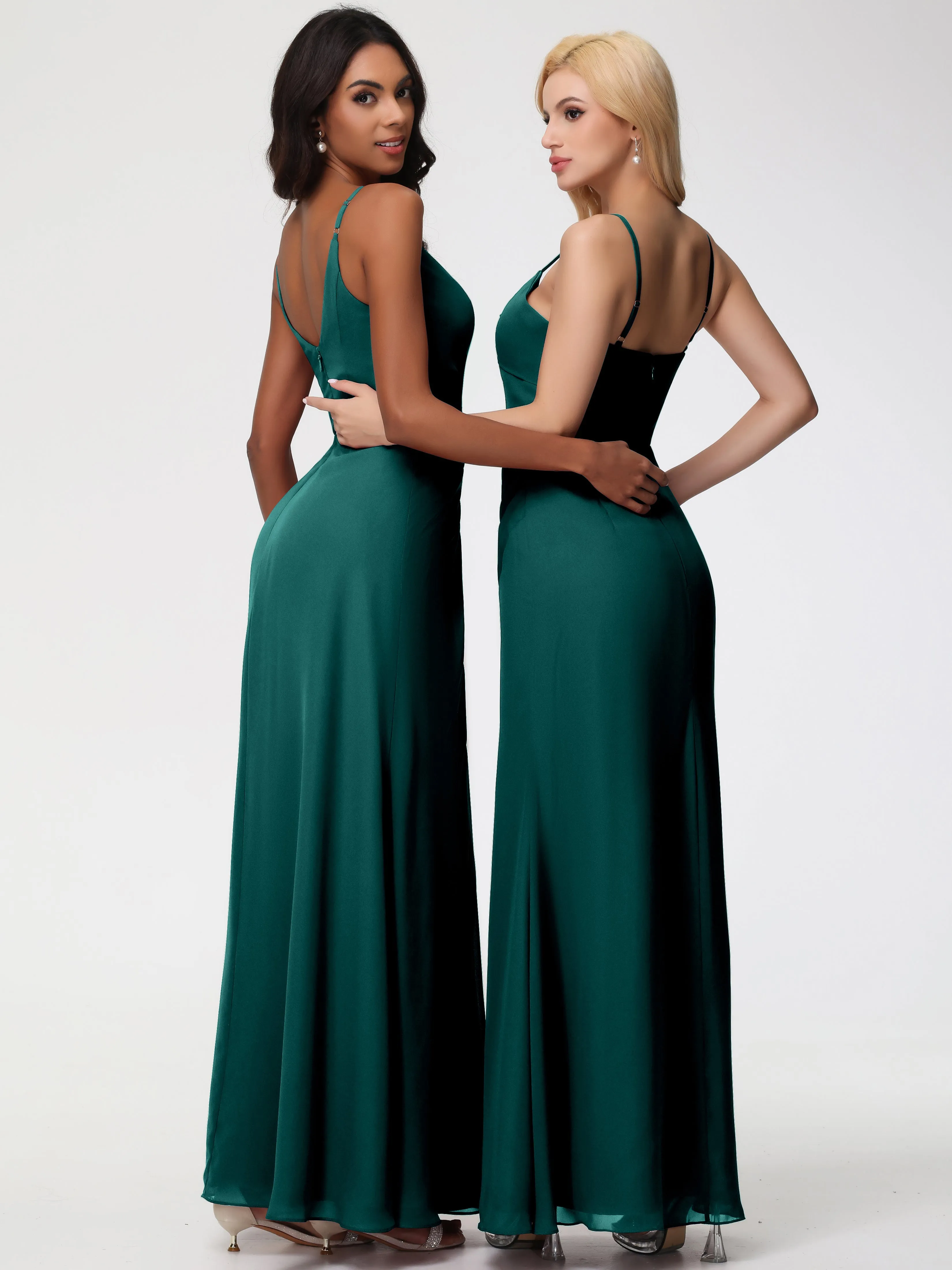 Peacock Colour Bridesmaid Dresses A-Line V-Neck Spaghetti Straps Ruched Chiffon Bridesmaid Dresses With Slit