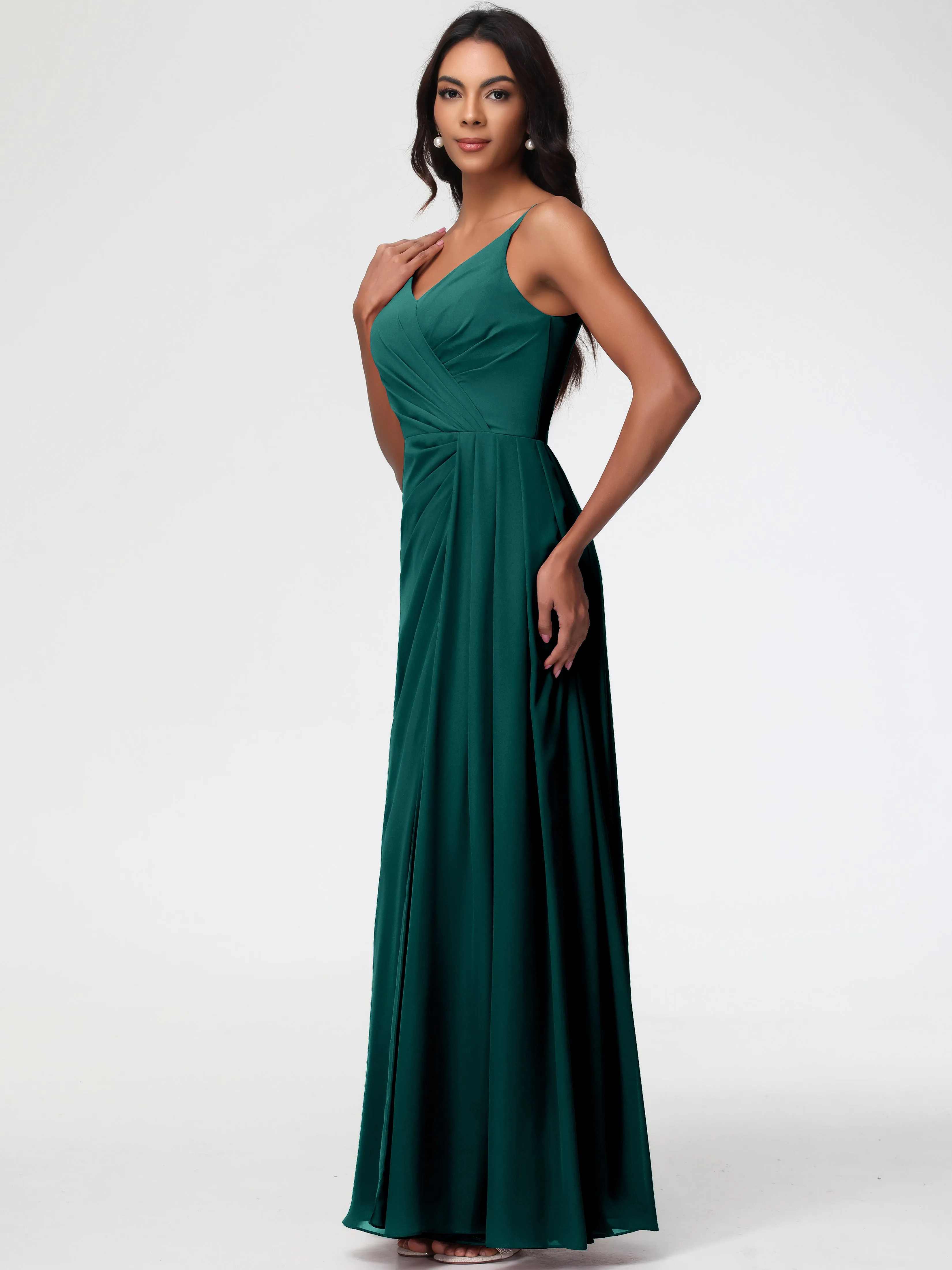 Peacock Colour Bridesmaid Dresses A-Line V-Neck Spaghetti Straps Ruched Chiffon Bridesmaid Dresses With Slit