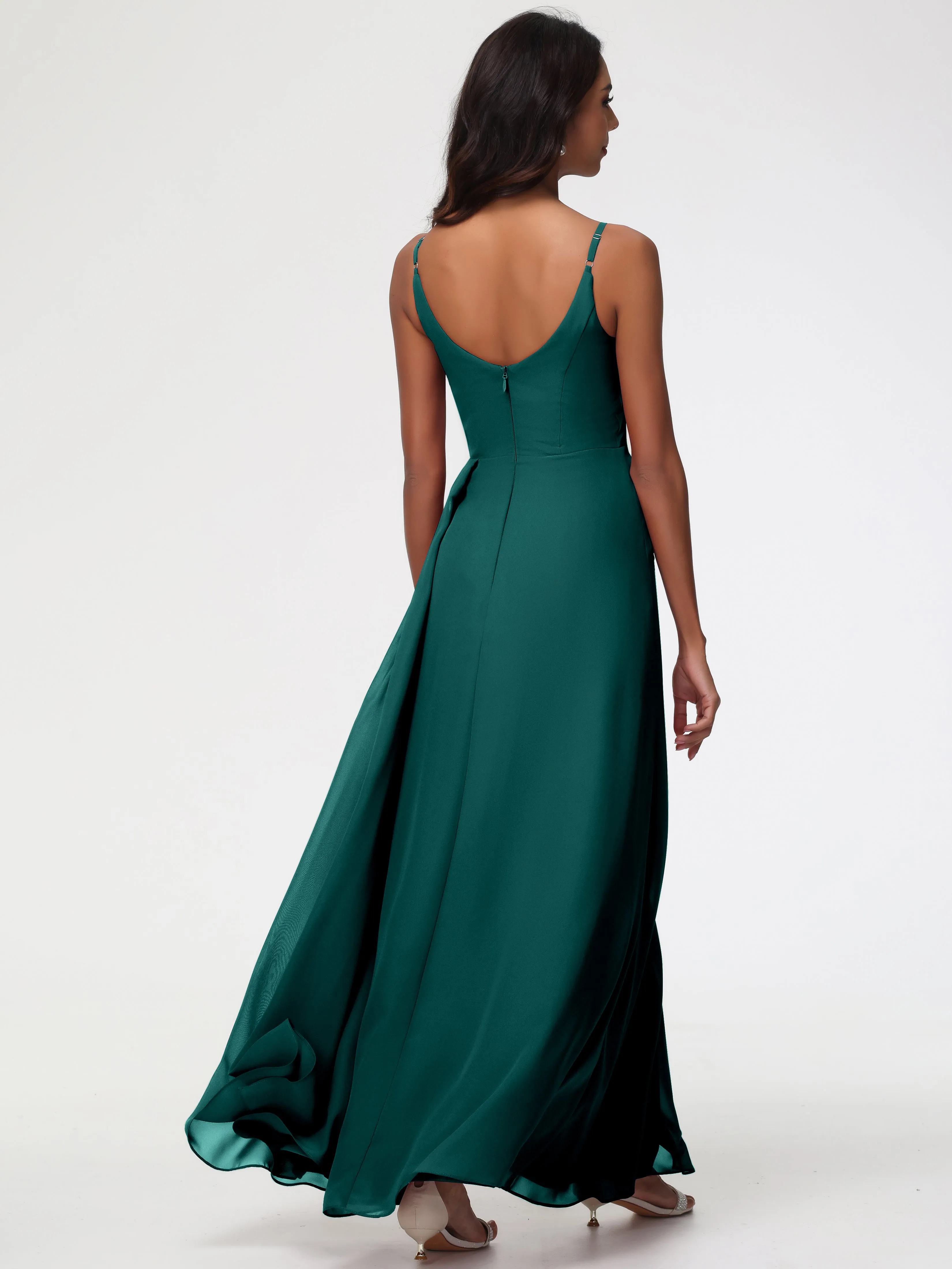 Peacock Colour Bridesmaid Dresses A-Line V-Neck Spaghetti Straps Ruched Chiffon Bridesmaid Dresses With Slit