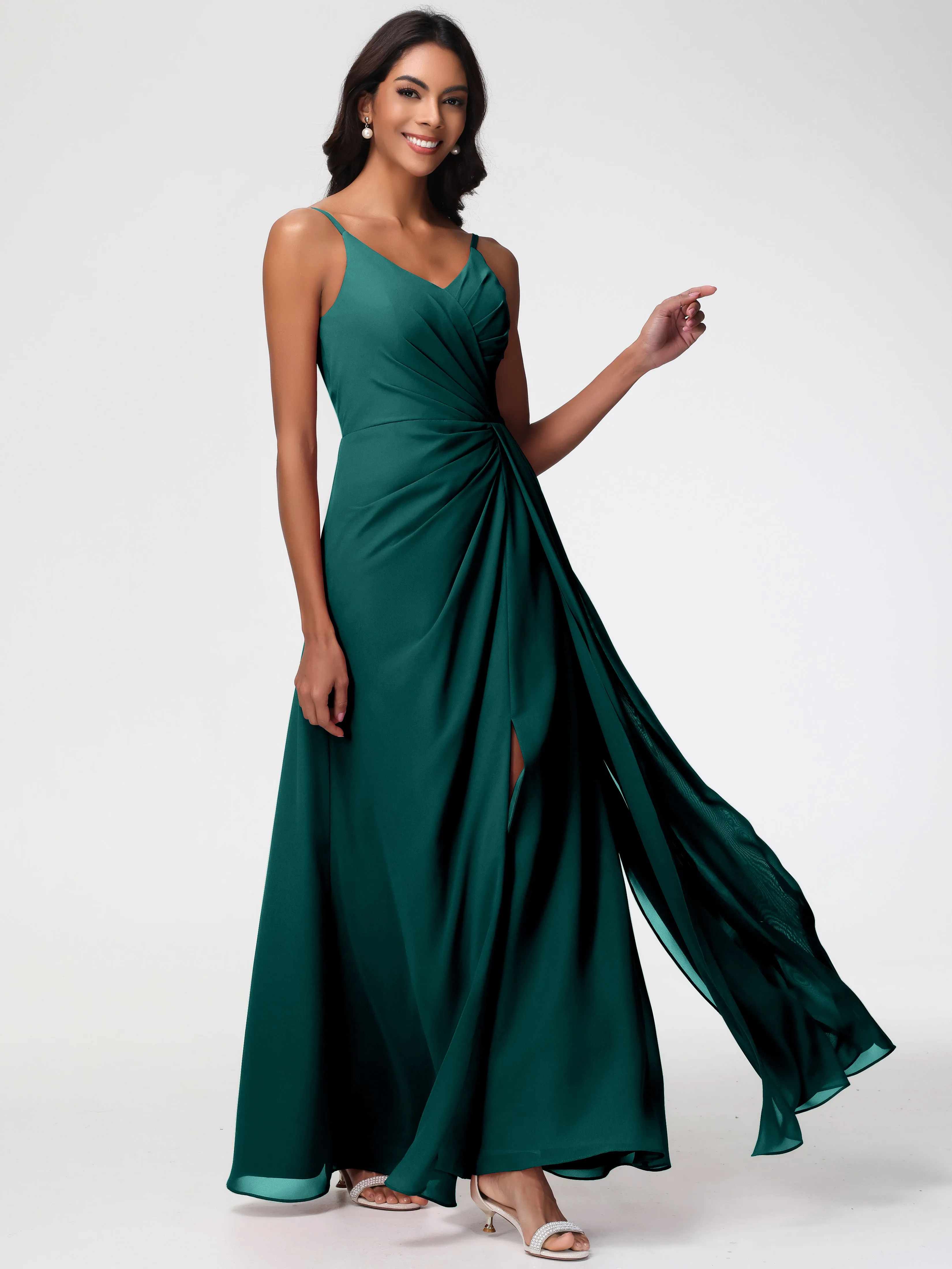 Peacock Colour Bridesmaid Dresses A-Line V-Neck Spaghetti Straps Ruched Chiffon Bridesmaid Dresses With Slit