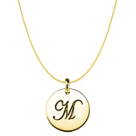 "M" 14K Yellow Gold Script Engraved Initial Disk Pendant