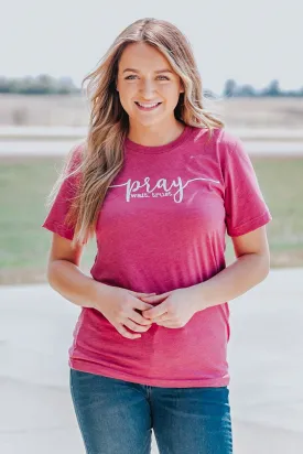 "Pray Wait.Trust." Graphic Short Sleeve Top in Berry
