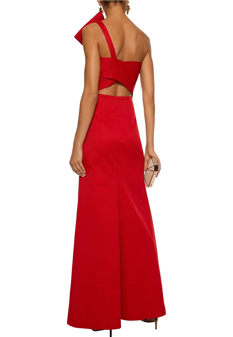 Red Emmeline One-Shoulder Bow-Embellished Satin-Faille Gown