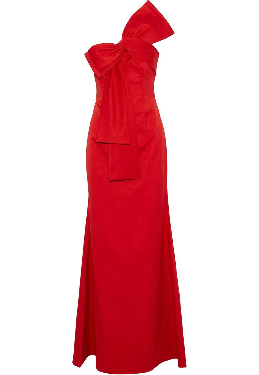 Red Emmeline One-Shoulder Bow-Embellished Satin-Faille Gown