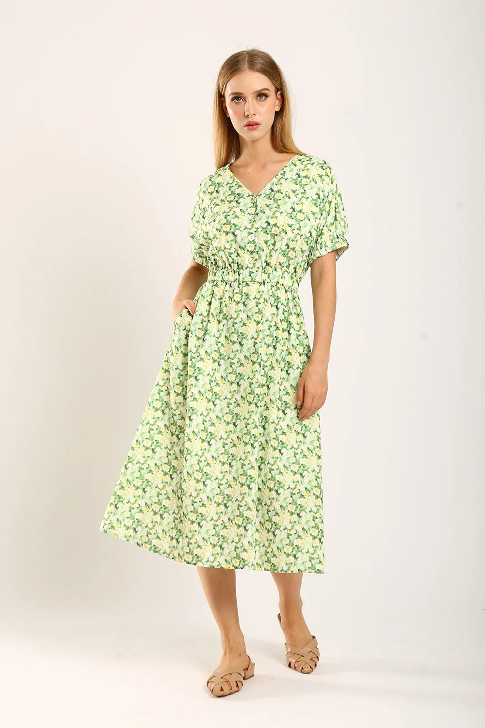 Samantha Midi Dress in Green Floral
