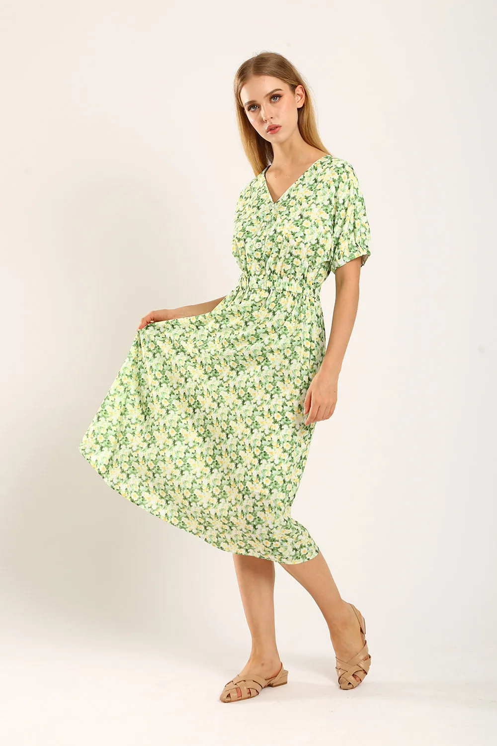 Samantha Midi Dress in Green Floral