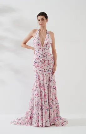 Sleeveless Deep V-Neck Halter Backless Jacquard Mermaid Dress