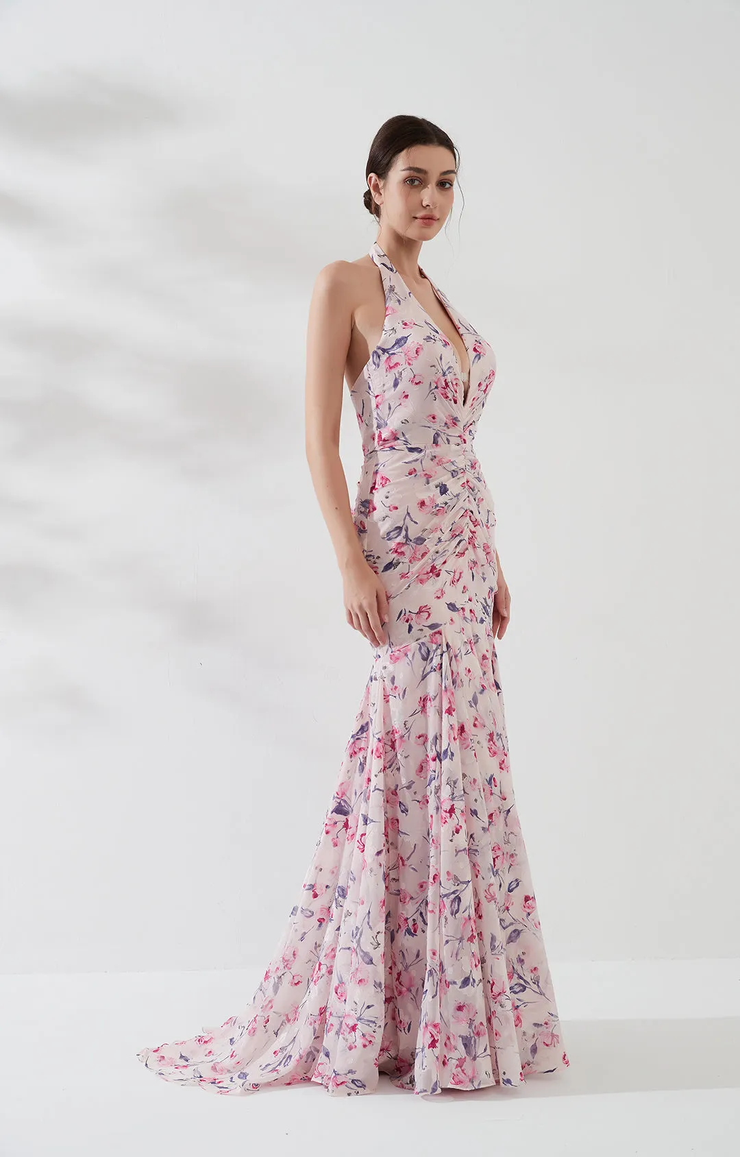 Sleeveless Deep V-Neck Halter Backless Jacquard Mermaid Dress