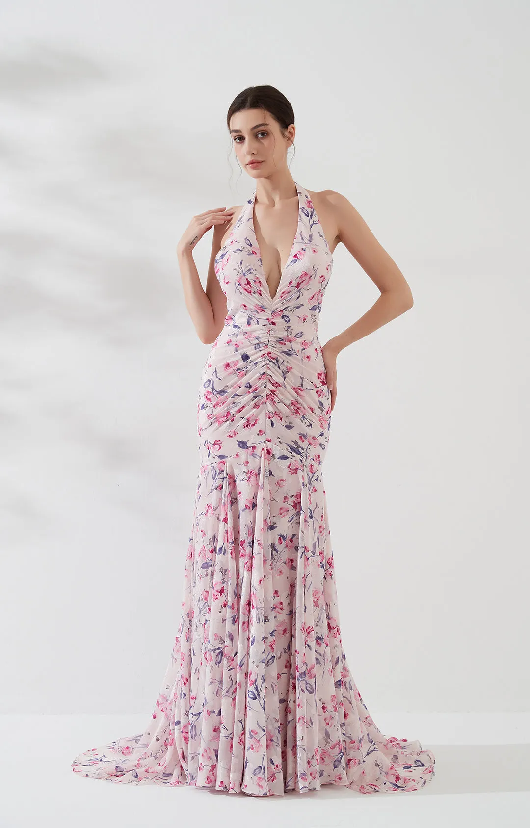 Sleeveless Deep V-Neck Halter Backless Jacquard Mermaid Dress