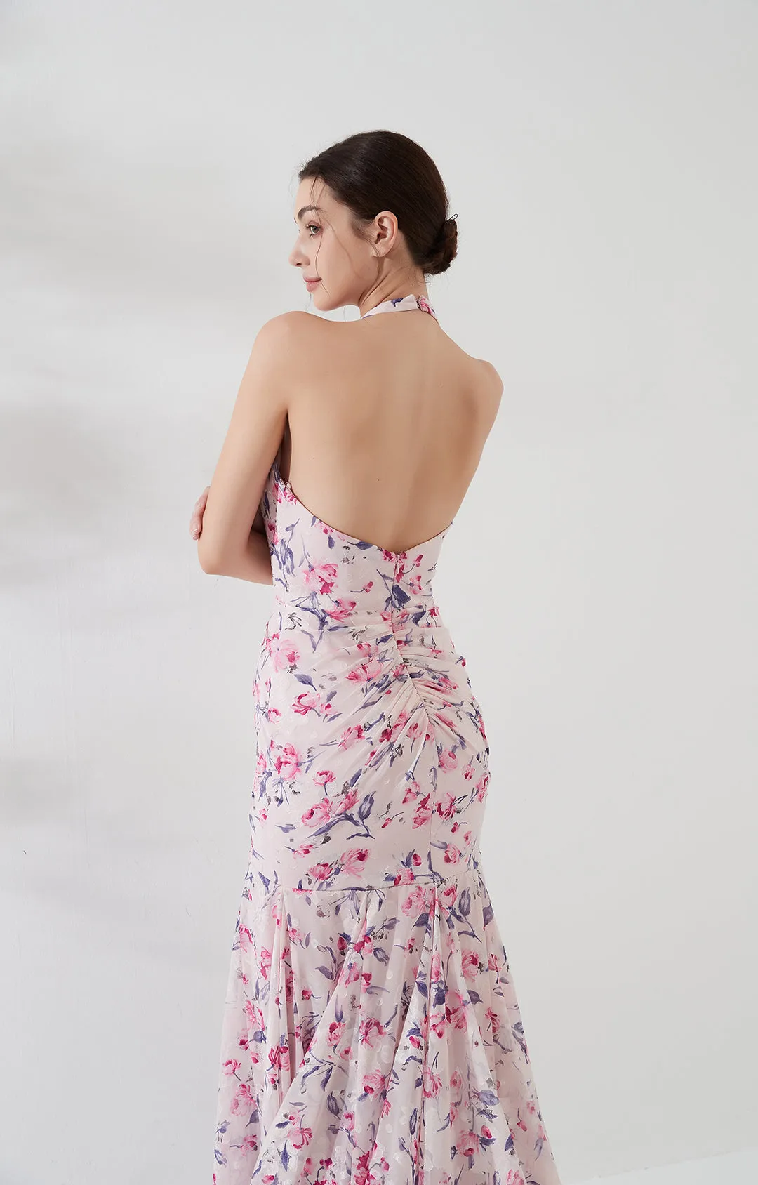 Sleeveless Deep V-Neck Halter Backless Jacquard Mermaid Dress