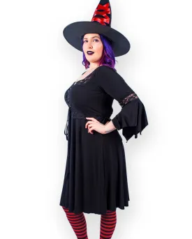 Sorceress Witch Costume with Black Renaissance Dress, Red
