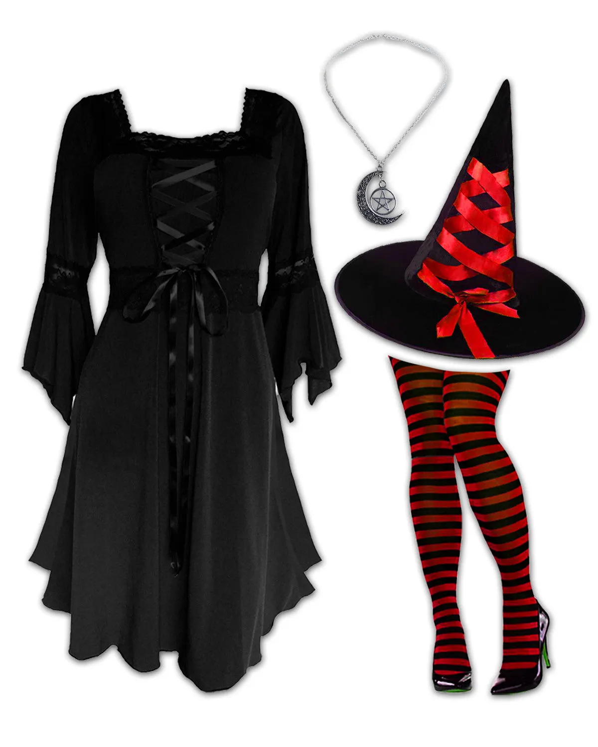 Sorceress Witch Costume with Black Renaissance Dress, Red