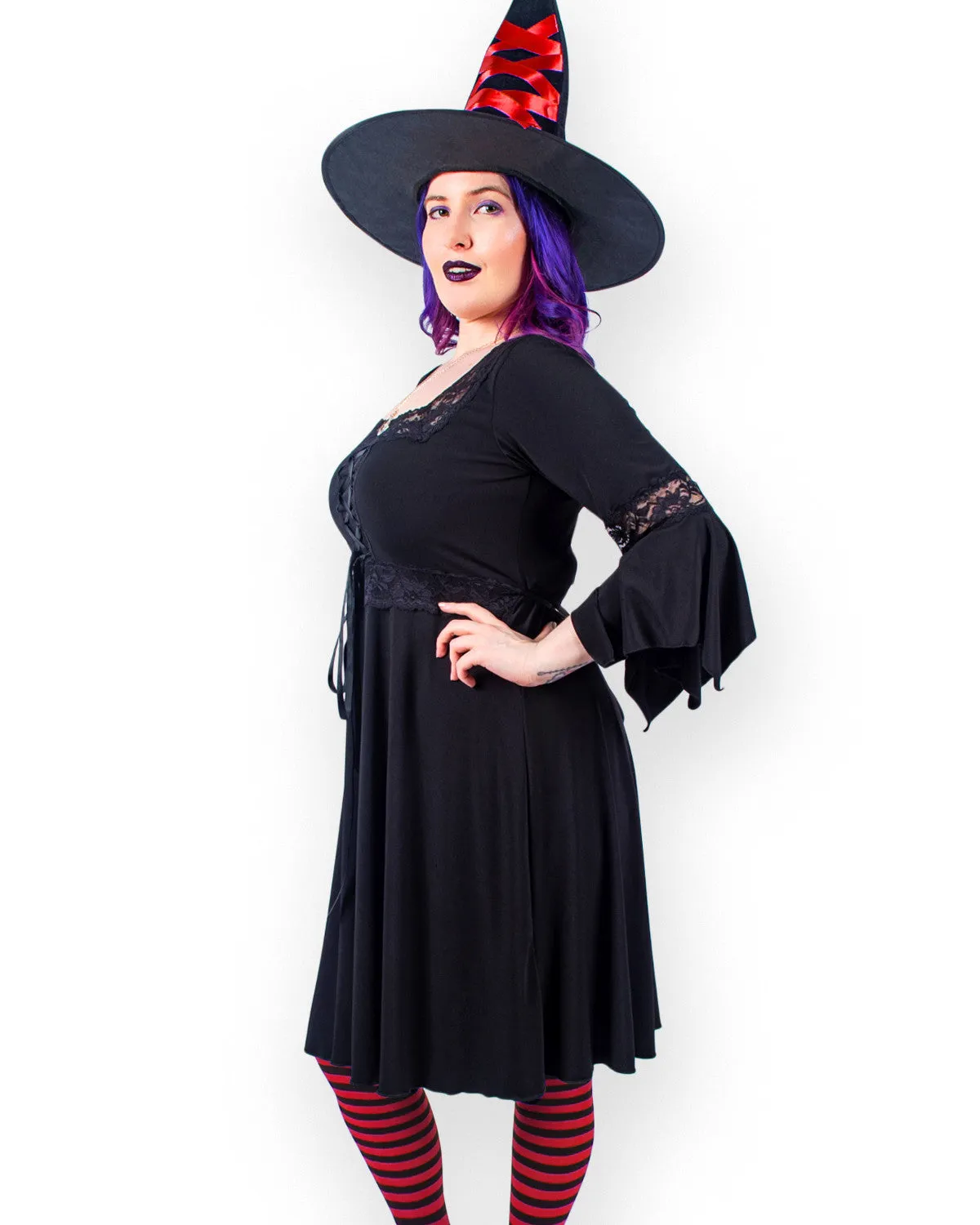 Sorceress Witch Costume with Black Renaissance Dress, Red