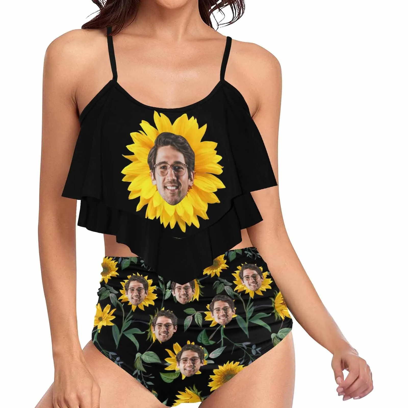 #Tankini Set #Double Ruffled Tankini Custom Face Sunflower Ruffle Tankini Personalized Bathing Suit Summer Swimsuit Women's High Waisted Double Ruffle Bikini Set
