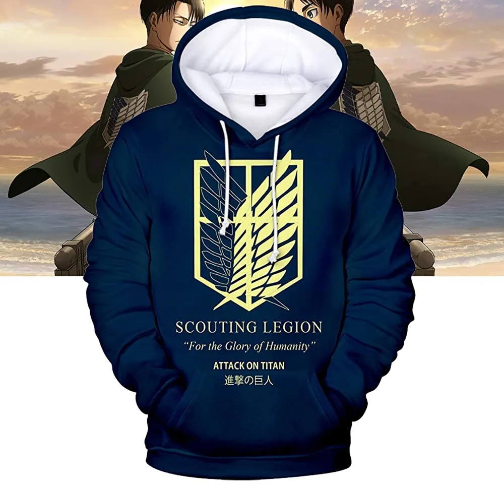Unisex Attack on Titan Hoodie- Casual Ackerman Levi Printed Anime Hooded Sweatshirt Pullover Tops