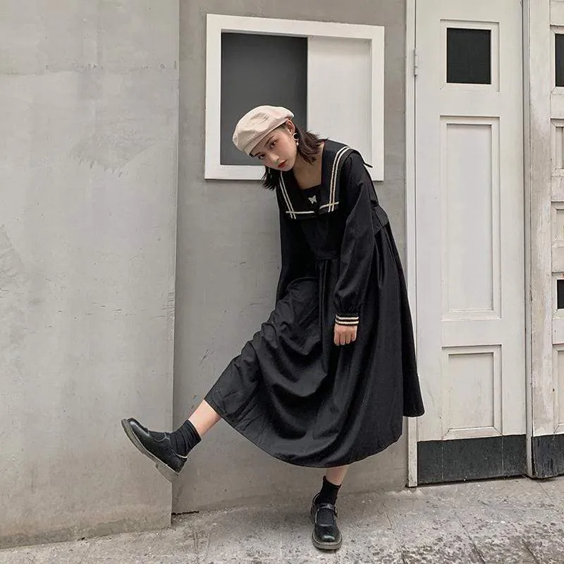 Vintage Navy Collar High-waist Dress