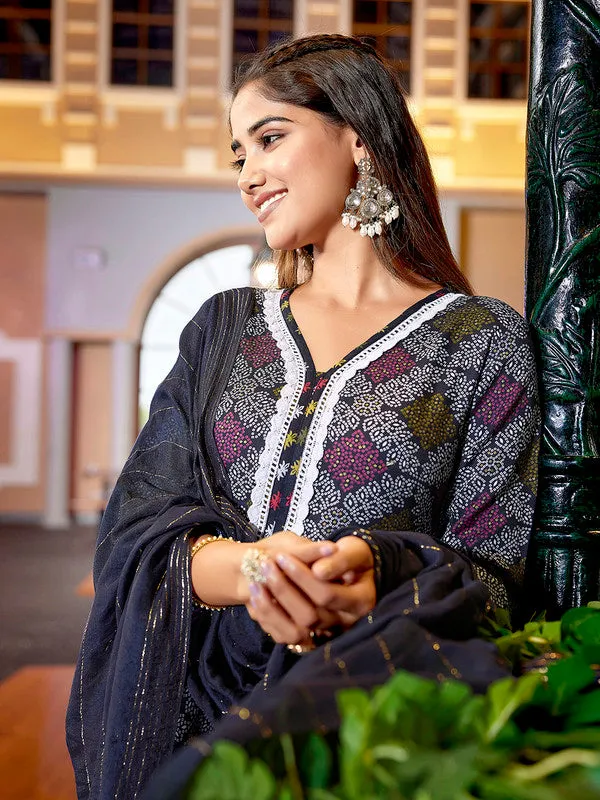Women's Cotton Blend Printed Anarkali Kurta Pant With Dupatta